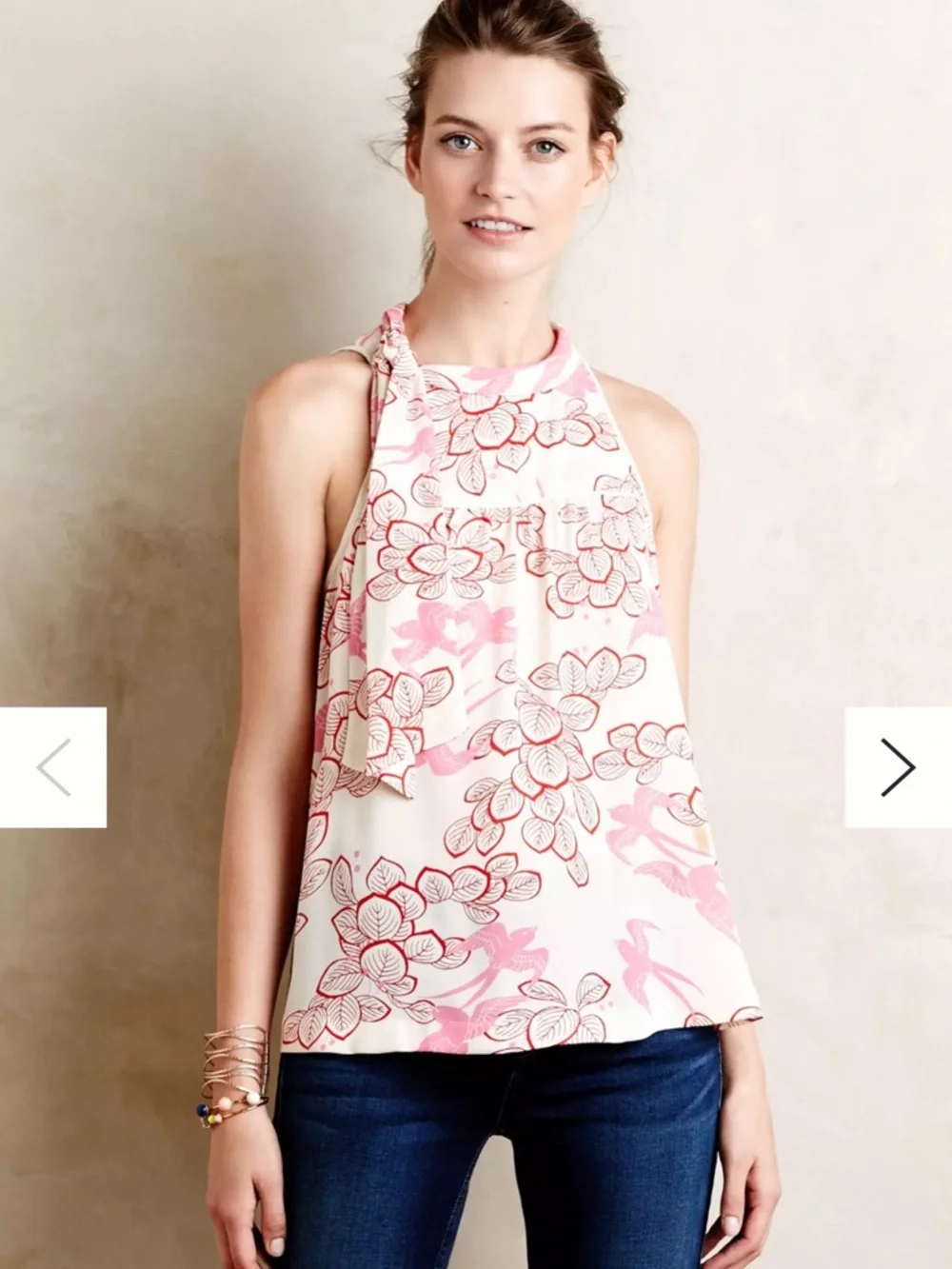 Anthropologie Maeve Cream/Red/Pink Bird & Leaf Print Bow Blouse EUC - Picture 15 of 16